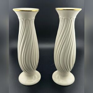 Lenox Cream Ceramic Candlesticks with Gold Trim - Swirl Fluted Pair